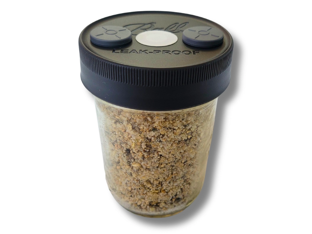 Half pint BRF mushroom substrate jar with organic brown rice flour and vermiculite