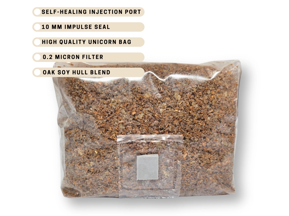 Masters Mix sterilized mushroom grow bag with filter patch and injection port, labeled with details