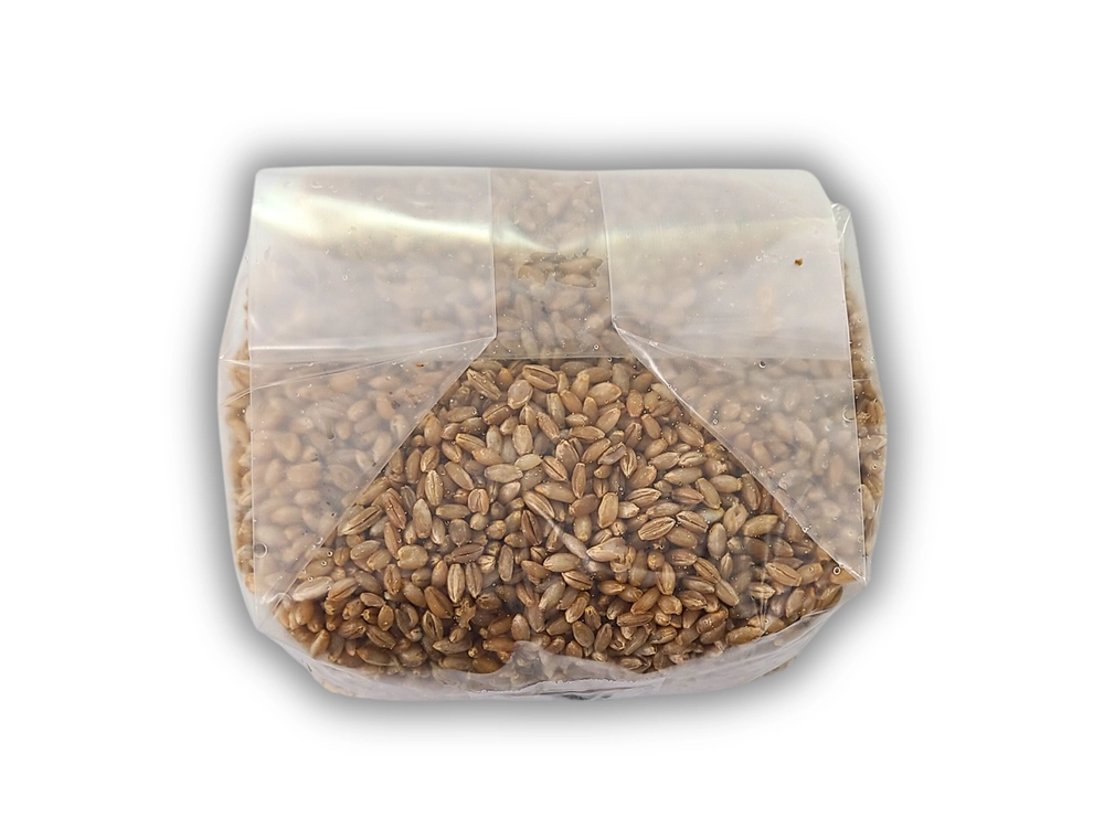 Close-up of 2 lb rye grain bag with injection port