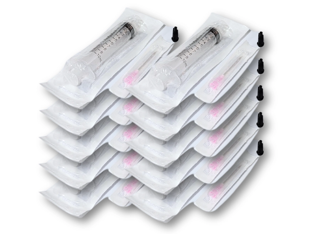 10 mL sterile syringe set with needles and luer lock caps, 10 pack