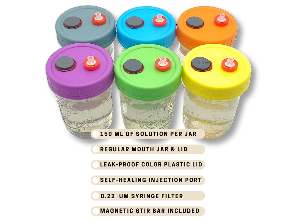 150 mL liquid culture jars with colorful lids and product specifications