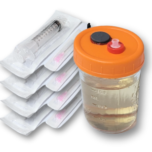 A half-pint liquid culture jar filled with nutrient solution beside four neatly packaged syringes with luer lock needles