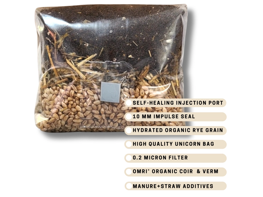 2.5 lb mushroom grow bag with straw mix and product specs