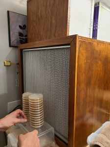 A stack of agar plates inside a wooden laminar flow hood, with a hand adjusting the setup.