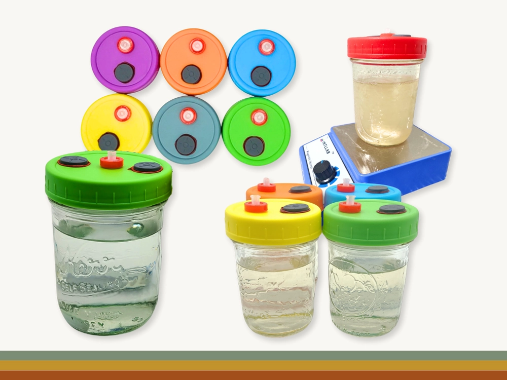 Close-up view of a liquid culture jar showcasing the self-healing injection port, air exchange filter, and magnetic stir bar.